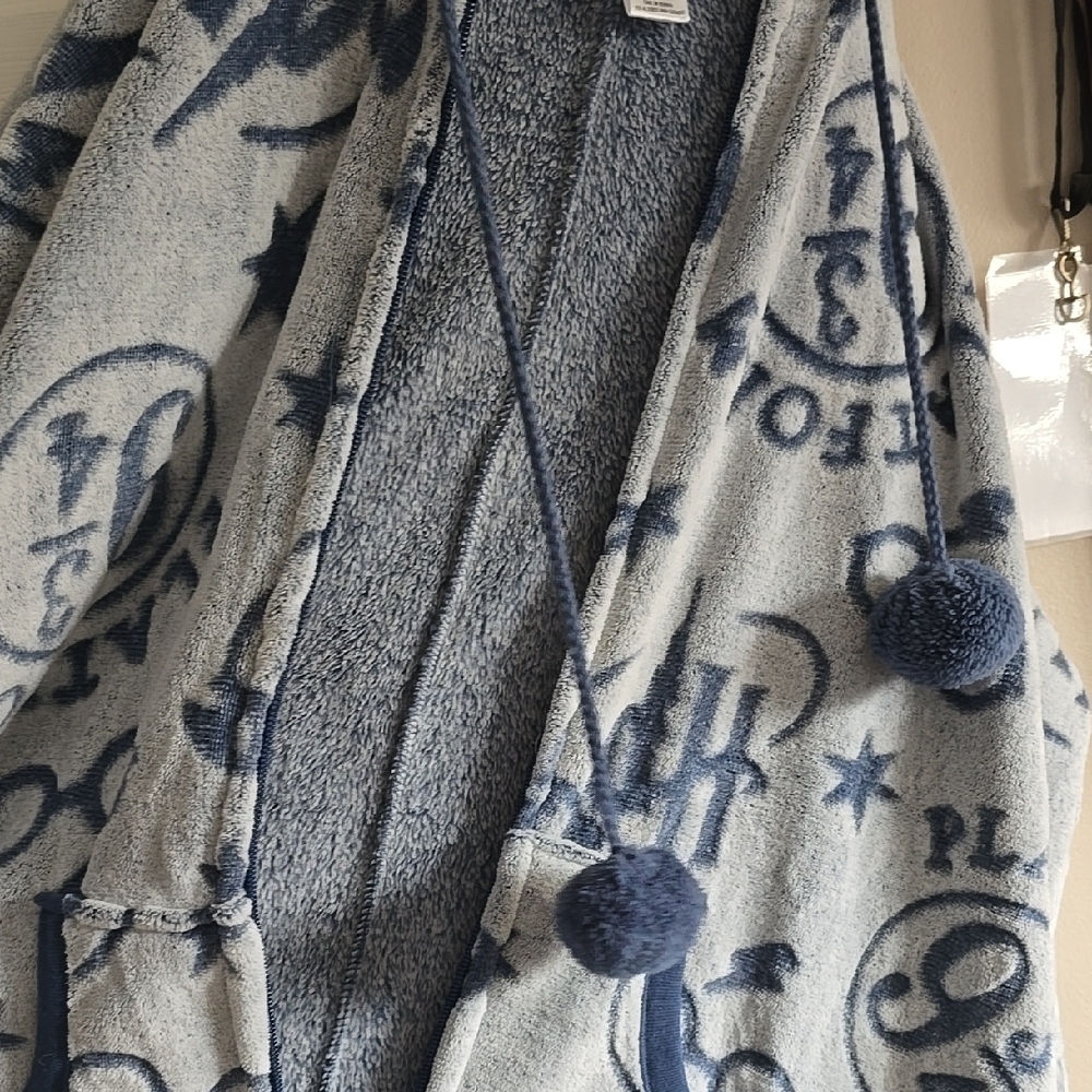 Blue Hooded Fleece Robe with Pom Poms